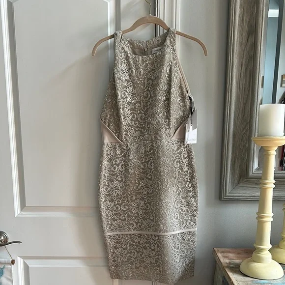 Calvin Klein | Dresses | Calvin Klein Gold Halter Sheath Midi Dress |  Poshmark